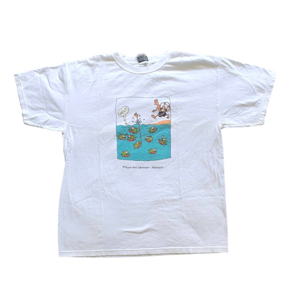 vtg fish Large white tourist T-shirt illustration